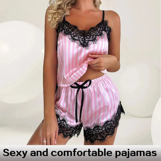 Two Piece sleeveless V-Neck Sexy Lace Suspender Pajama