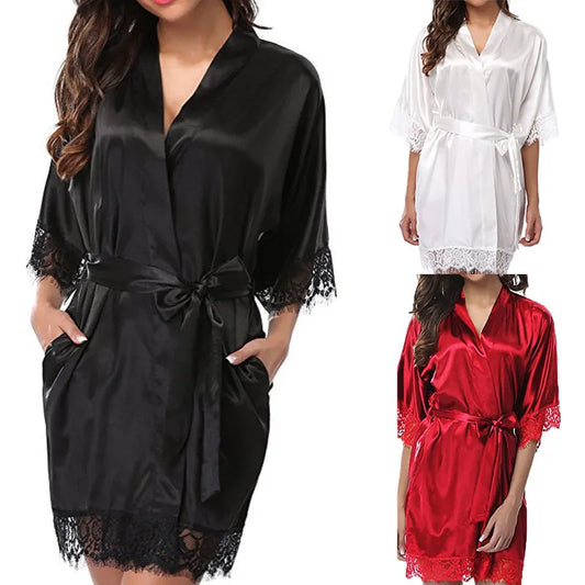 Half Sleeve Lace Silk Pajamas Robes Sleepwear