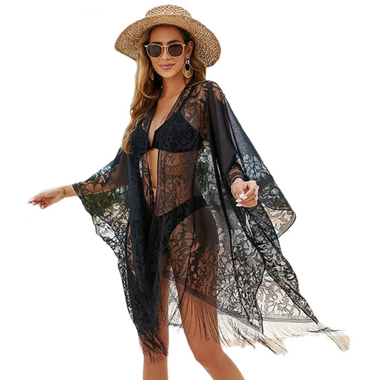 Women's Lace Bathing Suit Floral Loose Tassels kimono Coverups